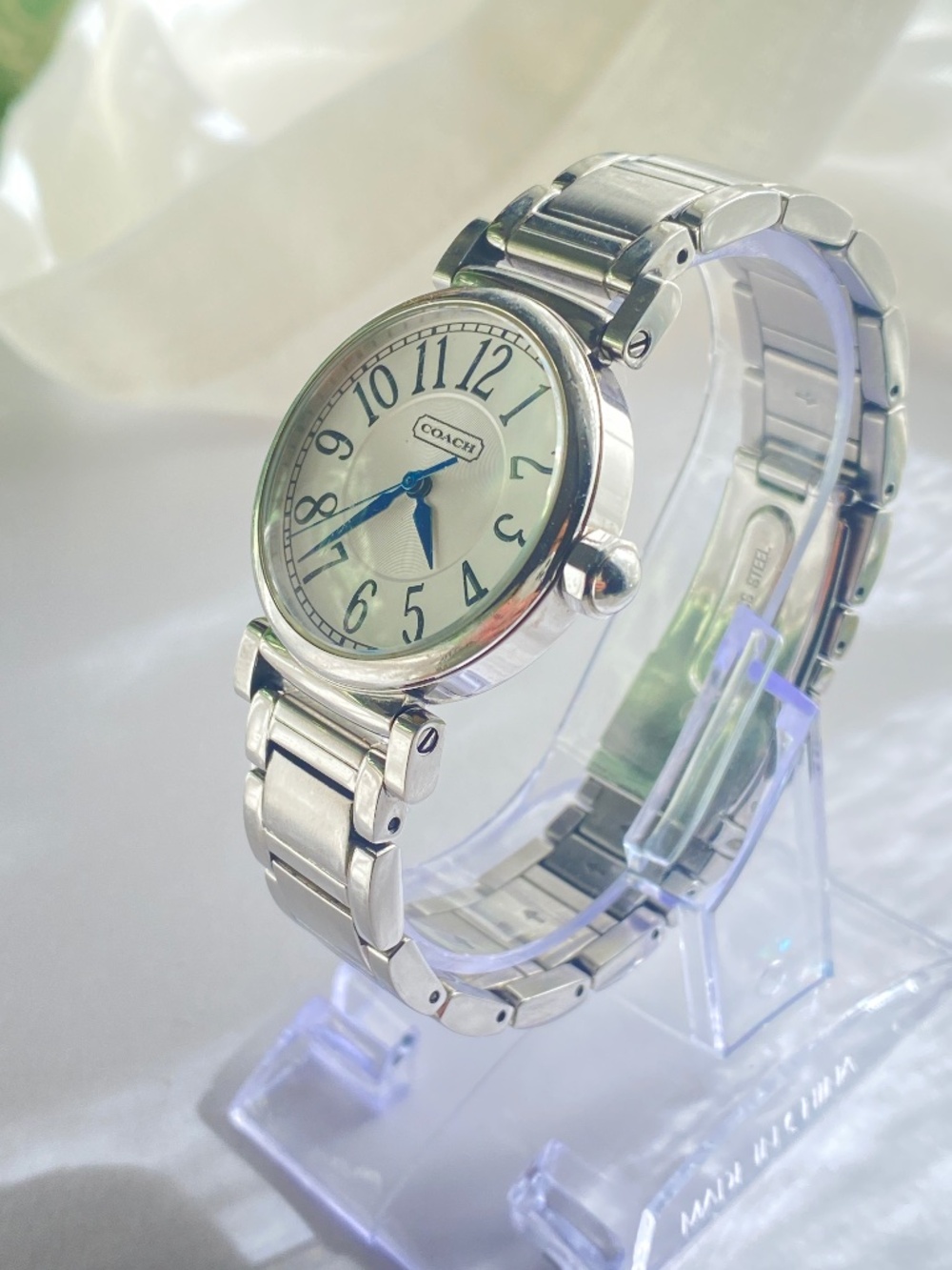 New Battery Coach Madison Stainless Steel Bracelet Watch Silver Blue Hands